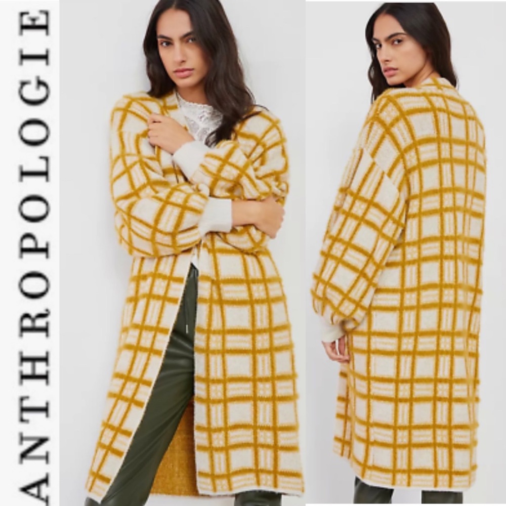 Final Price NWT Anthropologie Windowpane Knit Open Cardigan Coatigan one size - Picture 1 of 13